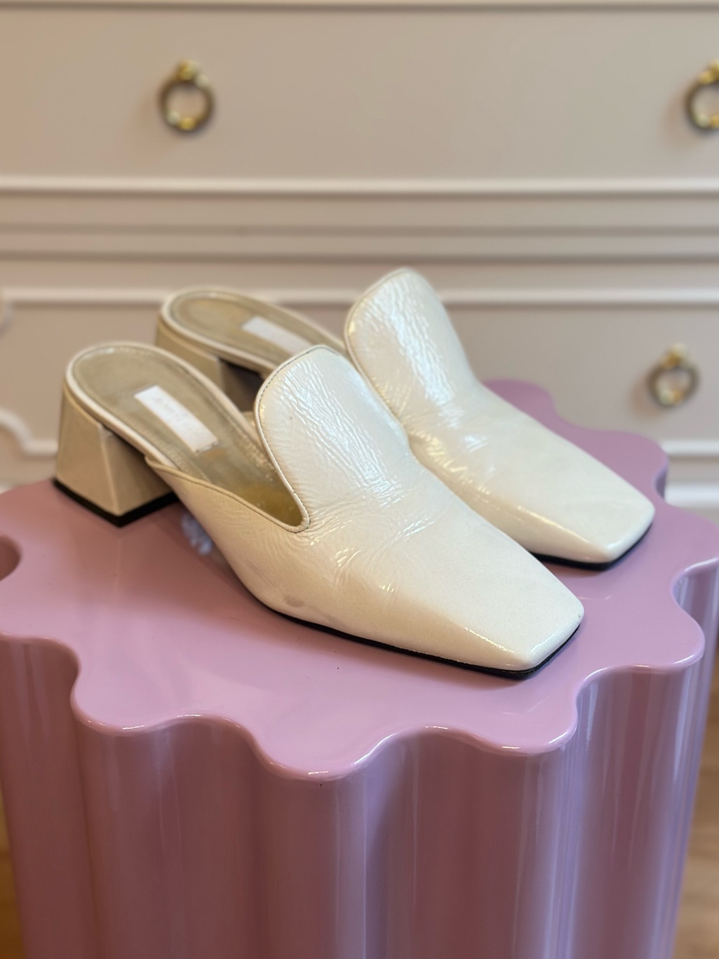 Suzanne Rae Vichy Patent White Leather Low Mule Size 40